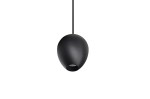 Czarna lampa wisząca Ovum LED, o kształcie przypominającym jajko, zawieszona na cienkim przewodzie. Wnętrze lampy ma perforację, co podkreśla nowoczesny design. Lampa ma matową powierzchnię i jest umieszczona na jednolitym tle.
