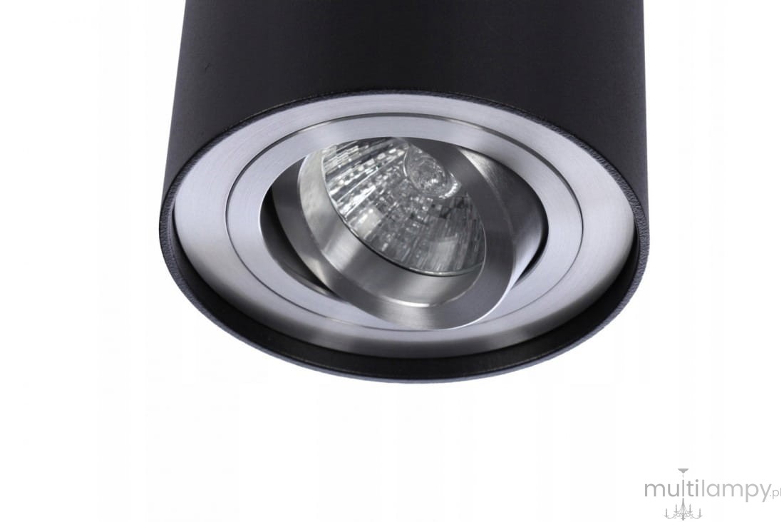 Czarna lampa sufitowa 1-punktowa Bross z aluminium, z reflektorem w centralnej części. Ujęcie z dołu, pokazujące okrągłą podstawę i szklany klosz. Prosty, nowoczesny design, idealny do różnych wnętrz.