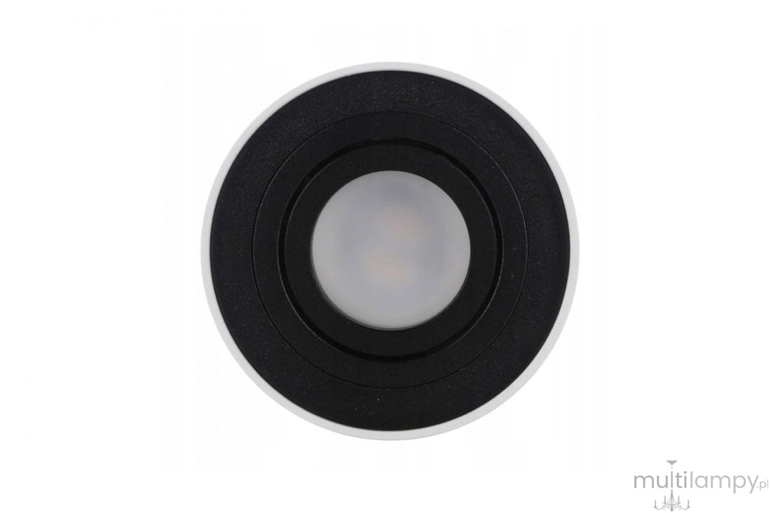 Lampa sufitowa Bross 1-punktowa w kolorze czarnym, okrągła, z białym obrzeżem. Widok z góry, ukazuje szklany klosz w centralnej części oraz czarną, teksturowaną powierzchnię wokół. Idealna do nowoczesnych wnętrz.