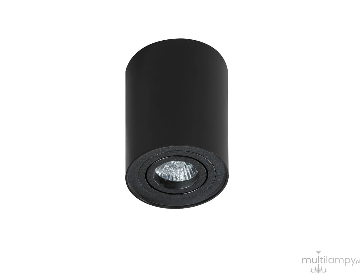 Lampa sufitowa Bross 1-punktowa w kolorze czarnym, cylindryczny kształt, zamontowana na suficie. Emituje światło z centralnego źródła, widoczna metalowa oprawa i szklana soczewka. Prosty design, idealna do nowoczesnych wnętrz.