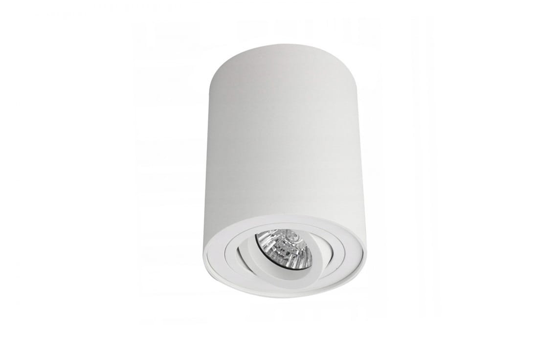 Bross lampa sufitowa 1-punktowa w białym kolorze, cylindryczny kształt z metalowym kloszem, widoczna żarówka w środku, zamontowana na suficie. Prosta, minimalistyczna konstrukcja, idealna do nowoczesnych wnętrz.