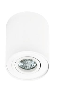 Bross lampa sufitowa 1-punktowa w kolorze białym, o cylindrycznym kształcie. Zainstalowana na suficie, z widoczną żarówką w centralnej części, otoczona okrągłą ramką. Prosty design, idealna do nowoczesnych wnętrz.