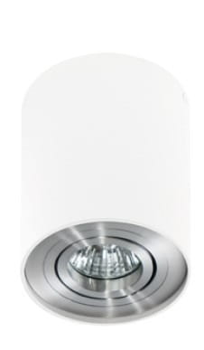Lampa sufitowa Bross 1-punktowa w kolorze białym z aluminiowym detalem. Posiada cylindryczny kształt z metalowym wykończeniem na dole. Widoczny iluminator w centralnej części, z białą obudową i okrągłą podstawą. Montaż sufitowy.