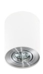 Lampa sufitowa Bross 1-punktowa w kolorze białym z aluminiowym detalem. Posiada cylindryczny kształt z metalowym wykończeniem na dole. Widoczny iluminator w centralnej części, z białą obudową i okrągłą podstawą. Montaż sufitowy.
