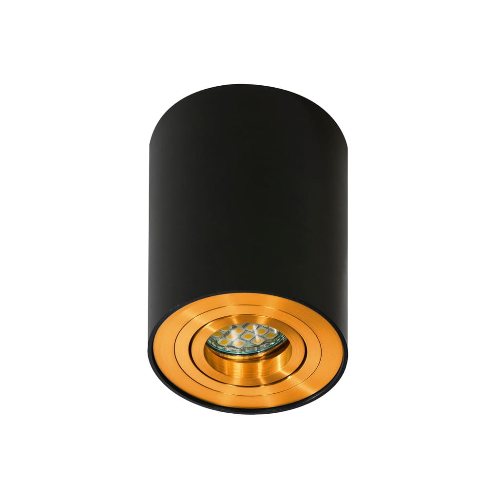 Czarna lampa sufitowa 1-punktowa Bross AZ2955 z metalowym, złotym detalem u podstawy. Ma cylindryczny kształt, z widoczną żarówką LED. Produkt wiszący, z prostym, nowoczesnym designem, idealny do wnętrz.