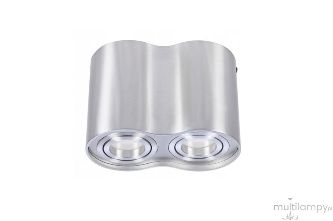 Lampa sufitowa Bross w kolorze aluminium, 2-punktowa. Posiada zaokrąglony kształt i dwa okrągłe źródła światła. Ujęcie frontalne, w pozycji zamontowanej na suficie, na tle białym. Wysoka jakość materiału, minimalistyczny design.