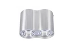 Lampa sufitowa Bross w kolorze aluminium, 2-punktowa. Posiada zaokrąglony kształt i dwa okrągłe źródła światła. Ujęcie frontalne, w pozycji zamontowanej na suficie, na tle białym. Wysoka jakość materiału, minimalistyczny design.