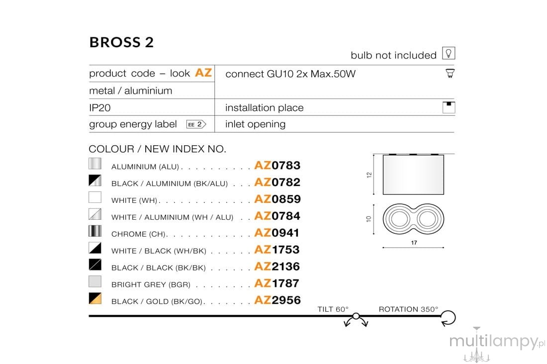 Lampa sufitowa Bross 2-punktowa w kolorze aluminium. Posiada dwa okrągłe źródła światła, możliwość regulacji kąta nachylenia do 60° oraz obrotu o 360°. Wymiary: długość 17 cm, wysokość 12 cm. Idealna do instalacji w pomieszczeniach o IP20.