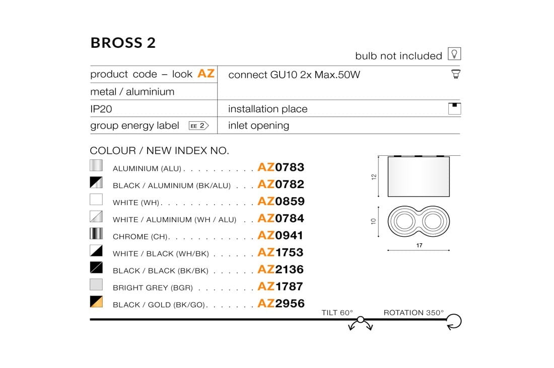 Czarna lampa sufitowa Bross z aluminiowymi detalami, 2-punktowa, o wymiarach 17 cm x 12 cm. Ujęcie frontalne. Produkt przeznaczony do montażu na suficie, z możliwością regulacji kąta nachylenia i obrotu. Żarówki GU10 nie są dołączone.