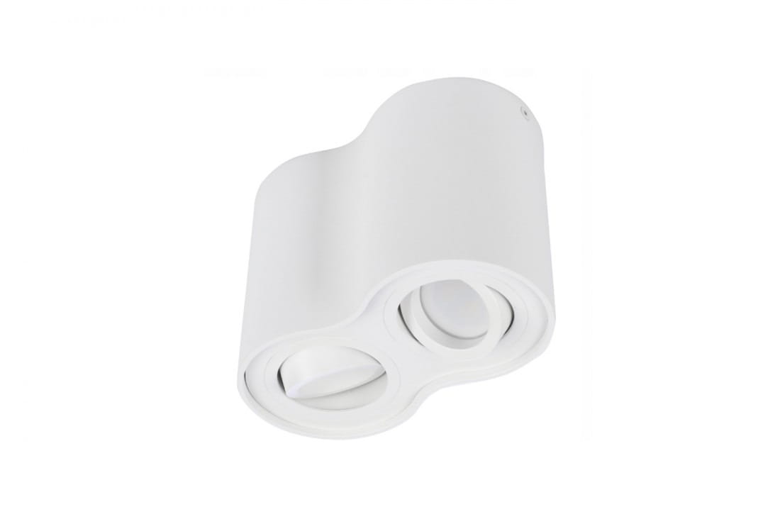 Bross lampa sufitowa 2-punktowa w kolorze białym, o zaokrąglonym kształcie. Ujęcie z dołu, z widocznymi dwoma okrągłymi oprawami na żarówki. Prosta, nowoczesna konstrukcja, montowana sufitowo, bez dodatkowych dekoracji.