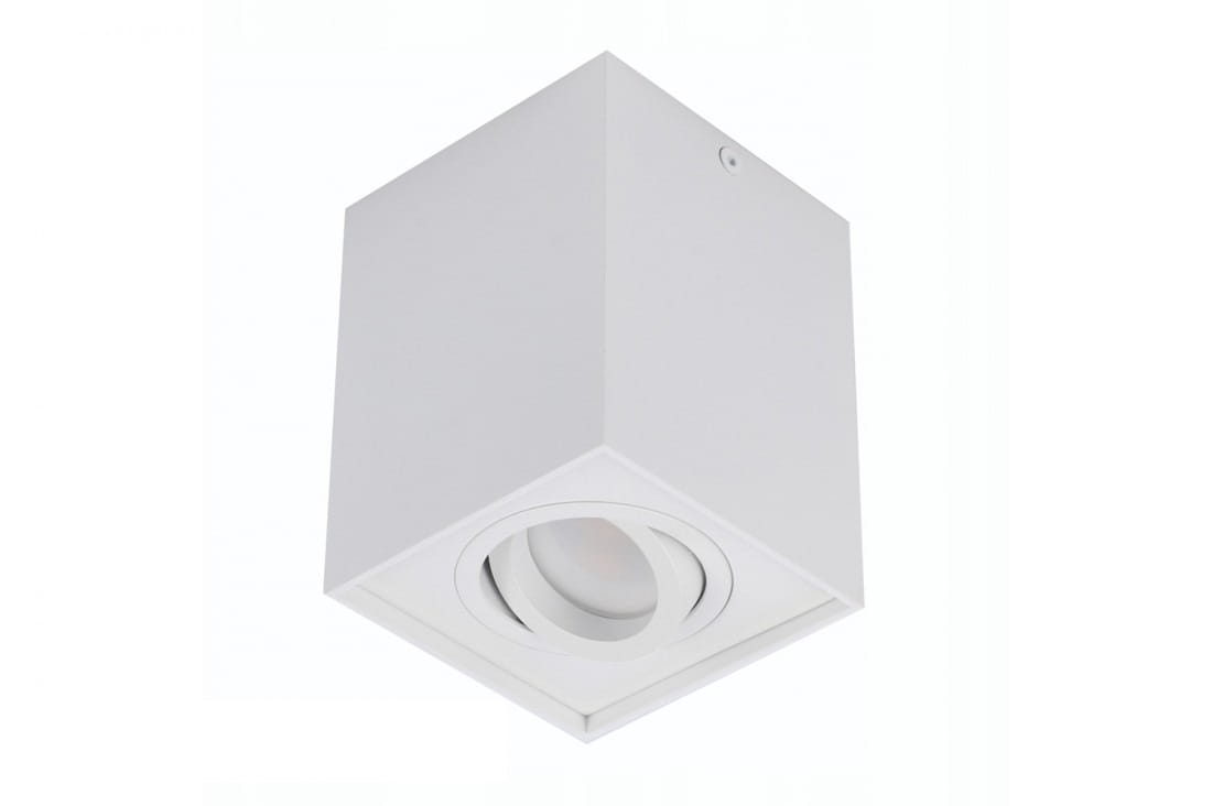 Biała lampa sufitowa Eloy 1-punktowa w kształcie sześcianu, montowana na suficie. Posiada okrągły klosz wewnętrzny, który skierowany jest w dół. Prosty design, idealna do nowoczesnych wnętrz.