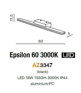 Czarny kinkiet Epsilon 60 LED 3000K o wymiarach 60 cm długości i 11,5 cm wysokości, wykonany z aluminium i PC. Prosta, prostokątna forma z zamontowanym źródłem światła. Idealny do nowoczesnych wnętrz, z klasą IP44.