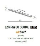 Czarny kinkiet Epsilon 60 LED 3000K o wymiarach 60 cm długości i 11,5 cm wysokości, wykonany z aluminium i PC. Prosta, prostokątna forma z zamontowanym źródłem światła. Idealny do nowoczesnych wnętrz, z klasą IP44.
