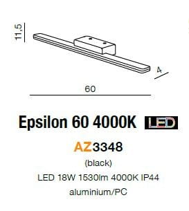 Kinkiet Epsilon 60 LED 4000K w kolorze czarnym, wykonany z aluminium. Posiada prostokątną, płaską formę o wymiarach 60 cm długości, 4 cm szerokości i 11,5 cm wysokości. Zasilany LED, emitujący jasność 1530 lm. Idealny do nowoczesnych wnętrz.