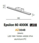 Kinkiet Epsilon 60 LED 4000K w kolorze czarnym, wykonany z aluminium. Posiada prostokątną, płaską formę o wymiarach 60 cm długości, 4 cm szerokości i 11,5 cm wysokości. Zasilany LED, emitujący jasność 1530 lm. Idealny do nowoczesnych wnętrz.