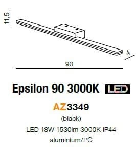 Kinkiet Epsilon 90 LED w kolorze czarnym, o długości 90 cm i wysokości 11,5 cm. Wykonany z aluminium, z mocą 18W, generujący światło o temperaturze 3000K. Przeznaczony do montażu na ścianie, IP44.