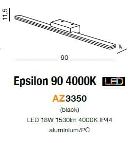 Czarny kinkiet Epsilon 90 LED 4000K, 1-punktowy, wykonany z aluminium i tworzywa. Wymiary: 90 cm długości, 11,5 cm wysokości, 4 cm szerokości. Źródło światła LED 18W, 1530 lm, IP44, idealny do wnętrz.