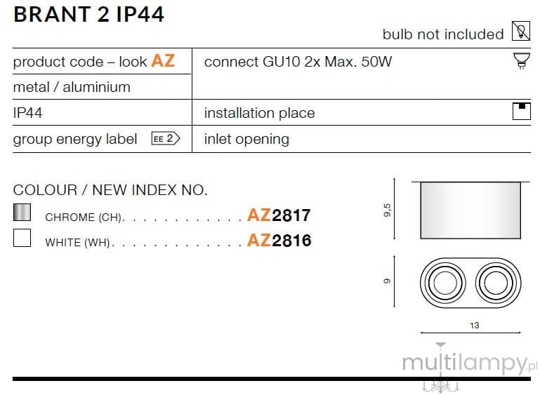 Biała lampa sufitowa Brant IP44, 2-punktowa, wykonana z metalu. Okrągłe otwory na żarówki GU10, wymiary 13 cm szerokości i 9,5 cm wysokości. Umożliwia montaż w wilgotnych pomieszczeniach dzięki klasie ochrony IP44.