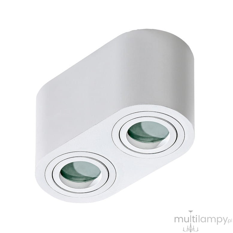 Biała lampa sufitowa Brant IP44 z dwoma punktami świetlnymi. Posiada prostokątny kształt z zaokrąglonymi krawędziami oraz dwie szklane soczewki w metalowych obręczach, zamontowana pod kątem. Idealna do wnętrz oraz przestrzeni narażonych na wilgoć.