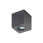 Czarna lampa sufitowa Brant square IP44, 1-punktowa, w kształcie sześcianu. Produkt z widoczną soczewką na dole, zamontowany na suficie. Wykonana z materiału odpornego na działanie warunków atmosferycznych.