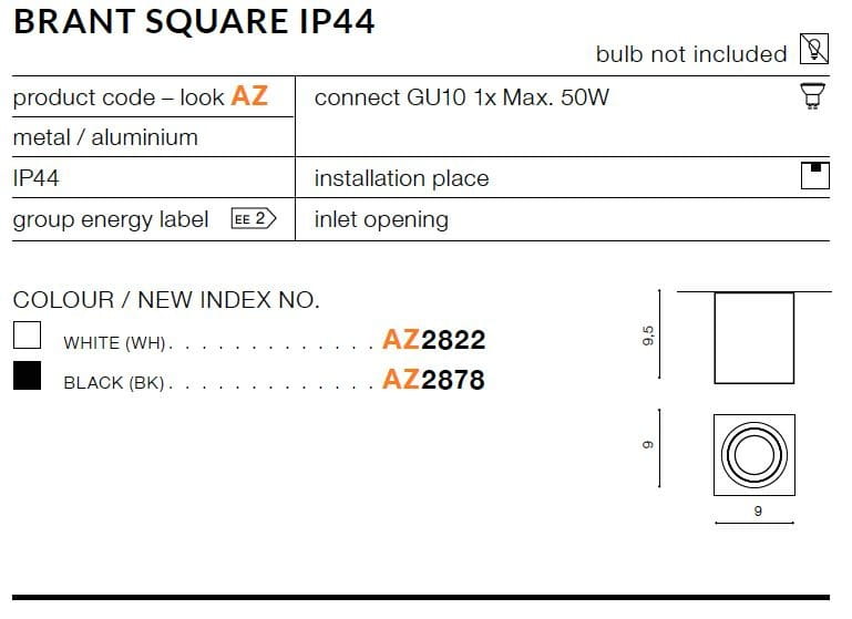 Czarna lampa sufitowa Brant Square IP44, metalowa, o kwadratowym kształcie. Wymiary: 9,5 cm wysokości, 9 cm szerokości. Przeznaczona do montażu z żarówką GU10, maks. 50W. Ochrona przed wilgocią (IP44).