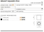 Czarna lampa sufitowa Brant Square IP44, metalowa, o kwadratowym kształcie. Wymiary: 9,5 cm wysokości, 9 cm szerokości. Przeznaczona do montażu z żarówką GU10, maks. 50W. Ochrona przed wilgocią (IP44).