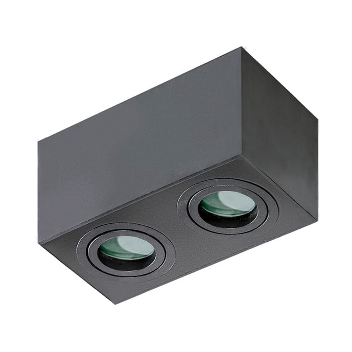 Czarna lampa sufitowa Brant square IP44 z dwoma punktami świetlnymi. Kwadratowa obudowa z matowego metalu, z dwoma okrągłymi reflektorami na froncie. Ujęcie z dołu, podkreślające kształt i detale konstrukcji.