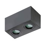Czarna lampa sufitowa Brant square IP44 z dwoma punktami świetlnymi. Kwadratowa obudowa z matowego metalu, z dwoma okrągłymi reflektorami na froncie. Ujęcie z dołu, podkreślające kształt i detale konstrukcji.