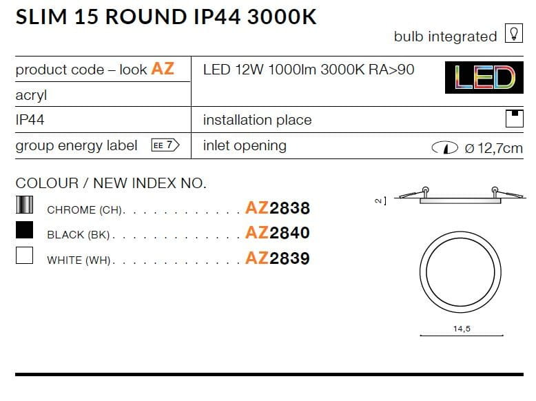 Slim D15 LED 3000K, czarna oprawa do zabudowy, okrągła, o średnicy 12,7 cm. Wbudowane źródło światła LED 12W, 1000lm, IP44. Gładka, matowa powierzchnia z delikatnym wykończeniem. Idealna do wnętrz, montaż sufitowy.