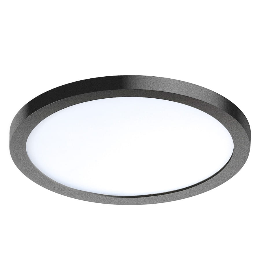 Czarna oprawa LED Slim D15 o średnicy 15 cm, z białą, okrągłą szybą emitującą światło o temperaturze barwowej 3000K. Zainstalowana w sufitowej konstrukcji, prezentuje się w pozycji wiszącej.