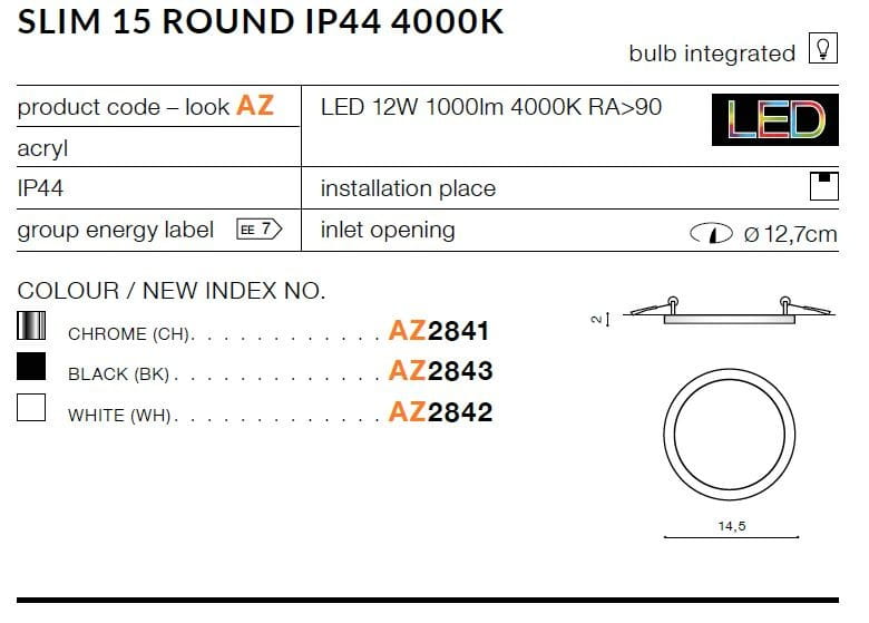 Biała oprawa LED Slim D15 do zabudowy, średnica 12,7 cm, wysokość 1,45 cm, zintegrowana żarówka 12W, 1000 lm, temperatura barwowa 4000K, wykonana z akrylu, IP44, przeznaczona do wnętrz.