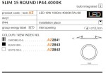 Biała oprawa LED Slim D15 do zabudowy, średnica 12,7 cm, wysokość 1,45 cm, zintegrowana żarówka 12W, 1000 lm, temperatura barwowa 4000K, wykonana z akrylu, IP44, przeznaczona do wnętrz.