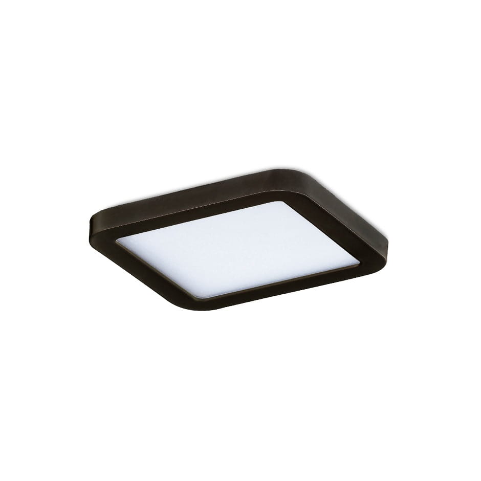 Czarna oprawa do zabudowy Slim square D9 LED 3000K, w kształcie kwadratu, z matowym białym kloszem. Produkt zamontowany na suficie, widoczny z przodu, idealny do oświetlenia wnętrz. Wymiary: kompaktowe, jednolite wykończenie.