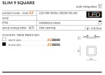 Slim square D9 LED 3000K oprawa do zabudowy w kolorze czarnym. Kwadratowy kształt, wymiary 8,5 x 8,5 cm, przeznaczona do zabudowy. Wbudowane źródło światła LED, moc 6W, IP44, średnica wlotu 8,3 cm.