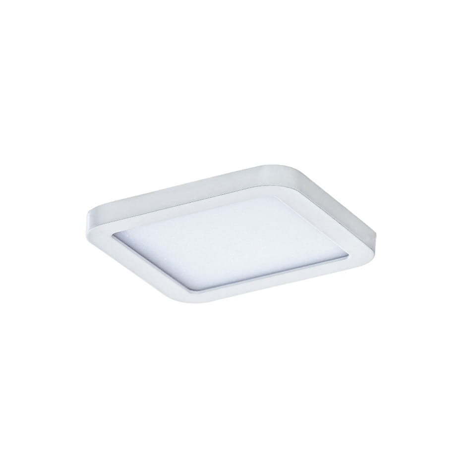 Biała oprawa do zabudowy Slim square D9 LED 3000K, o kwadratowym kształcie z zaokrąglonymi krawędziami. Ujęcie frontalne, montowana płasko na suficie, z matowym kloszem, emitującym ciepłe światło. Idealna do nowoczesnych wnętrz.