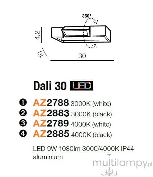Kinkiet Dali 30 LED, 1-punktowy, w kolorze czarnym. Wymiary: 30 cm x 4,2 cm x 10 cm. Możliwość obrotu 350°. Wykonany z aluminium, źródło światła 3000K, moc 9W, strumień świetlny 1080 lm. Przeznaczenie: wewnętrzne.
