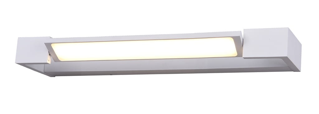 Kinkiet Dali 45 LED 3000K w kolorze białym, prostokątny, z zamontowanym źródłem światła. Ujęcie frontalne, produkt z widoczną, lekko zaokrągloną krawędzią oraz wbudowanym kloszem w ciepłym odcieniu.