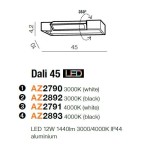 Kinkiet Dali 45 LED w kolorze białym, 1-punktowy, z możliwością obrotu o 360°. Wymiary: 45 cm długości, 4,2 cm wysokości, 10 cm szerokości. Zastosowanie aluminium, światło o temperaturze 4000K, moc 12W, IP44.