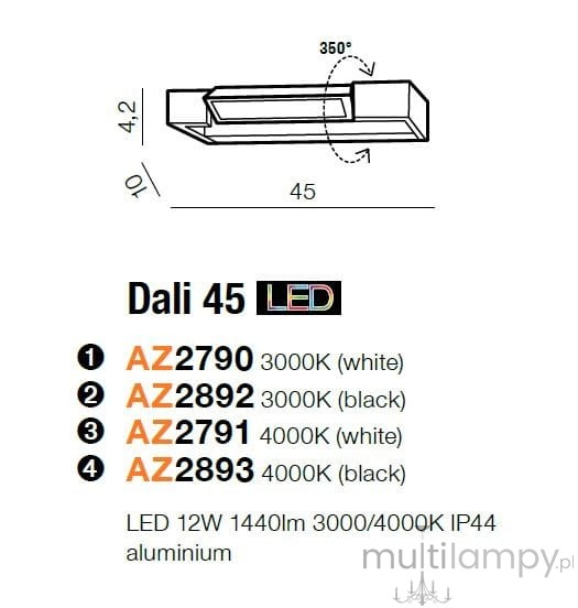Kinkiet Dali 45 LED w kolorze czarnym, wymiarach 45x10x4,2 cm, wykonany z aluminium. Umożliwia obrót o 360°. Źródło światła 12W, 3000K. Idealny do nowoczesnych aranżacji.