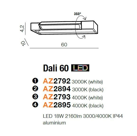 Kinkiet Dali 60 LED w kolorze białym, wymiarach 60 cm x 10 cm x 4,2 cm, wykonany z aluminium. Posiada możliwość obrotu o 350°. Źródło światła LED 18W, 2160 lm, temperatura barwowa 4000K.