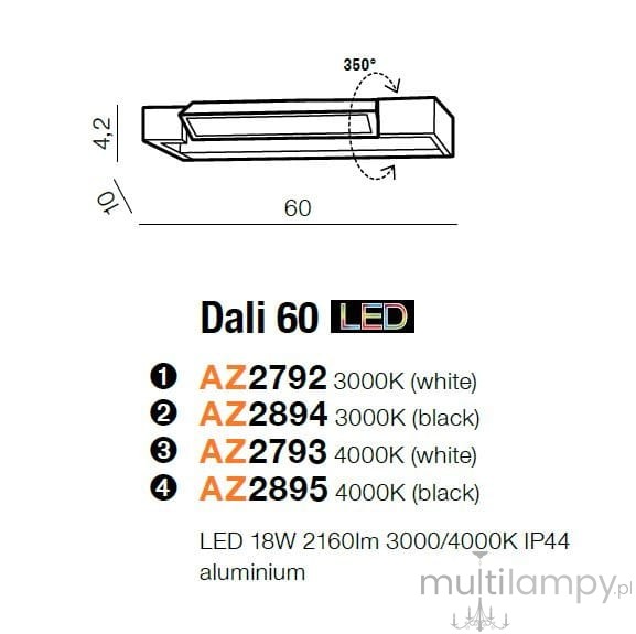 Kinkiet Dali 60 LED, czarny, 1-punktowy, wykonany z aluminium. Wymiary 60 cm x 10 cm x 4,2 cm. Źródło światła 18W, 3000K, IP44. Możliwość obrotu 350°. Prosty, prostokątny kształt, idealny do nowoczesnych wnętrz.