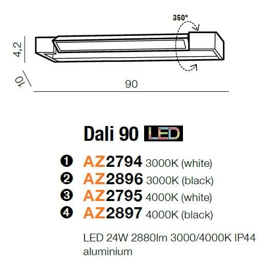 Kinkiet Dali 90 LED 4000K w kolorze białym, wykonany z aluminium, o wymiarach 90 cm długości, 10 cm szerokości i 4,2 cm wysokości. Z możliwością obrotu 350°. Oświetlenie LED o mocy 24W, 2880 lumenów, klasa IP44.
