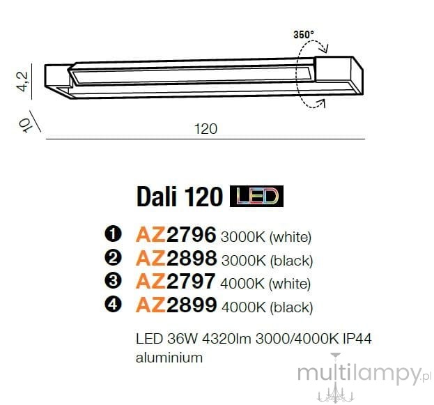 Kinkiet Dali 120 LED 3000K w kolorze czarnym, o wymiarach 120 cm x 10 cm x 4,2 cm, wykonany z aluminium. Posiada możliwość obracania 360°. Przeznaczony do oświetlenia wnętrz. Idealny do nowoczesnych aranżacji.