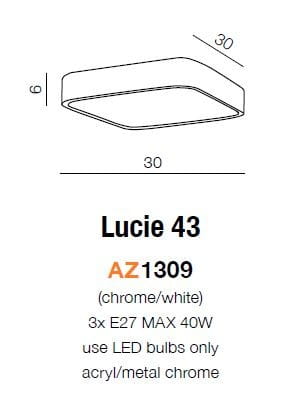 Plafon Lucie 43 z trzema punktami świetlnymi, w kolorze chromowym i białym. Kwadratowy kształt o wymiarach 30x30 cm, wykonany z metalu i akrylu, przeznaczony do użycia z żarówkami LED E27.