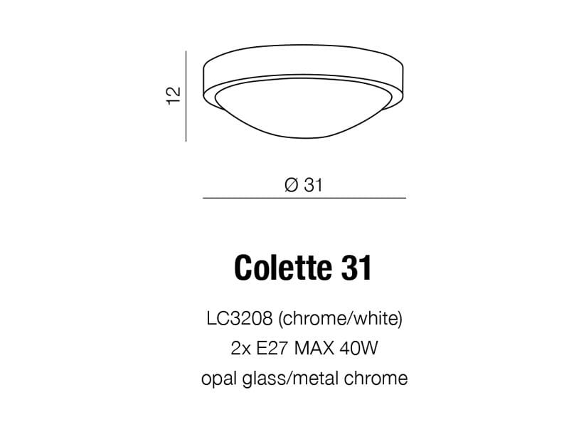 Plafon Colette 2-punktowy w kolorze chromu i bieli, o średnicy 31 cm i wysokości 12 cm. Wykonany z opalowego szkła i metalu, przeznaczony do dwóch żarówek E27 maks. 40W. Zestawiony z prostym tłem.