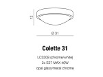 Plafon Colette 2-punktowy w kolorze chromu i bieli, o średnicy 31 cm i wysokości 12 cm. Wykonany z opalowego szkła i metalu, przeznaczony do dwóch żarówek E27 maks. 40W. Zestawiony z prostym tłem.