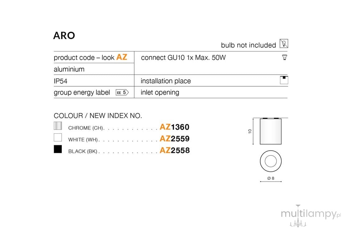 Aro IP54 lampa sufitowa 1-punktowa w kolorze chromu, wykonana z aluminium, cylindryczny kształt, średnica 8 cm, wysokość 10 cm. Przeznaczona do montażu z żarówką GU10, nie dołączona. Oznaczenie IP54 zapewnia odporność na wilgoć.