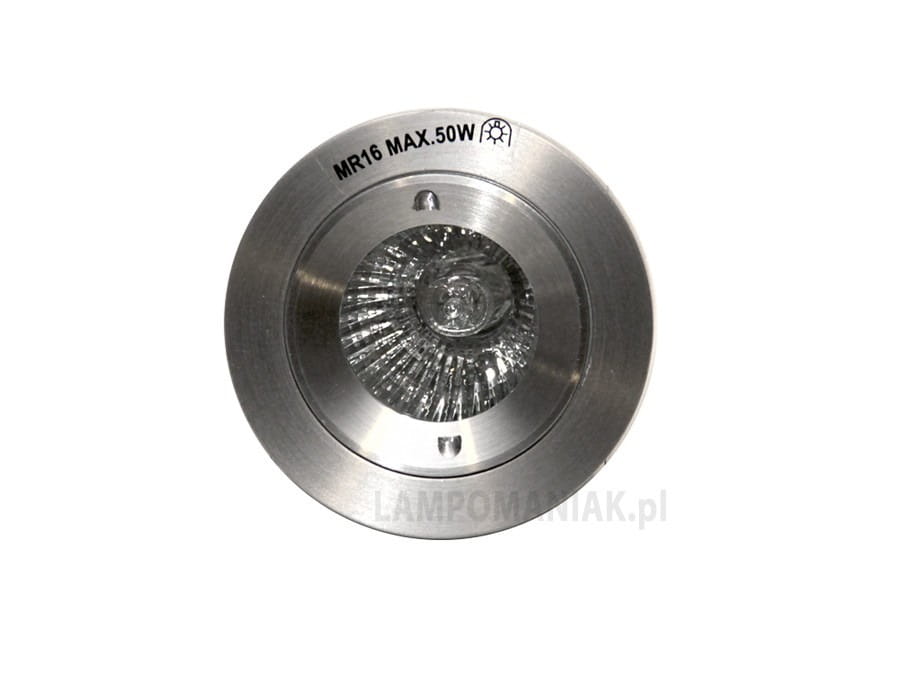 Oprawa sufitowa do zabudowy Tito IP54, wykonana z aluminium, w kolorze srebrnym. Okrągły kształt z przezroczystą szybą, z miejscem na żarówkę MR16 max 50W. Widok frontalny, na jednolitym tle.