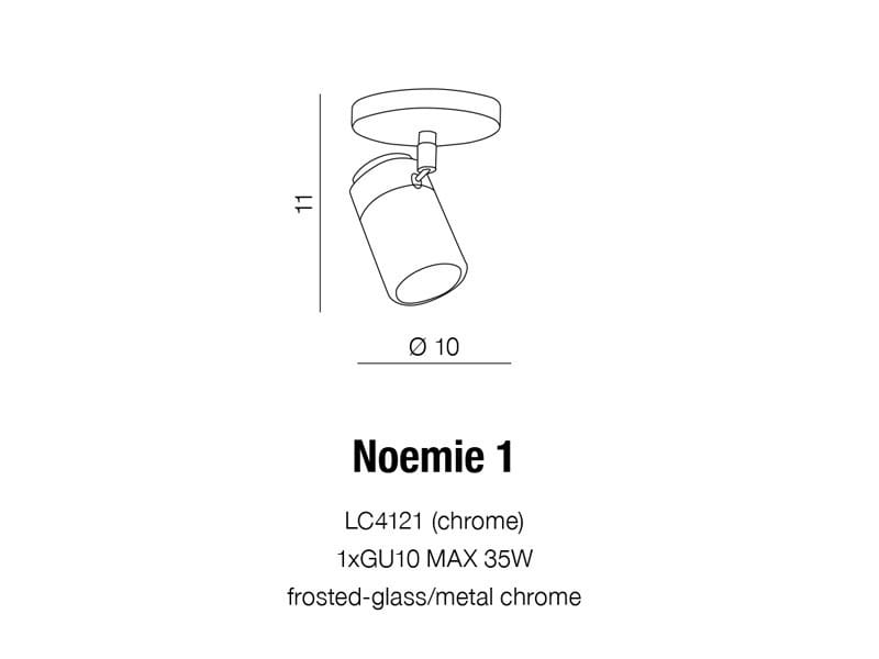 Lampa sufitowa Noemie IP44 w kolorze chromu, 1-punktowa. Okrągła podstawa z metalowym wykończeniem, na której zamocowany jest reflektor z mlecznego szkła. Wysokość 11 cm, średnica 10 cm, przeznaczona do montażu sufitowego.