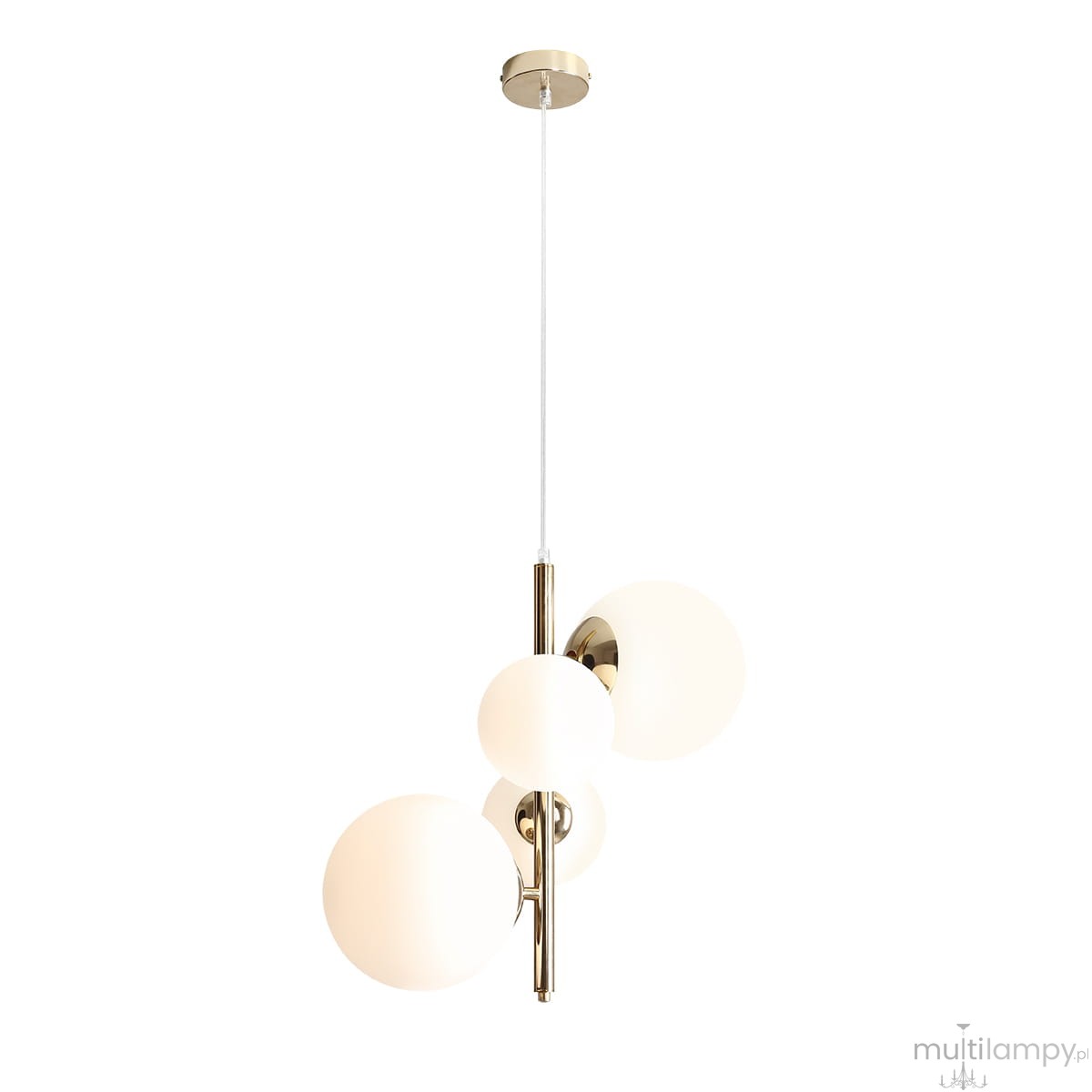 Lampa wisząca Bloom 4-punktowa z złotym wykończeniem, z czterema białymi, okrągłymi kloszami z opalowego szkła. Produkt zawieszony na cienkim, przezroczystym przewodzie, montowany do sufitu. Elegancka, nowoczesna konstrukcja.